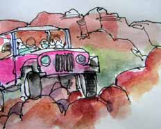 Pink Jeep at 40 degree angle on boulders