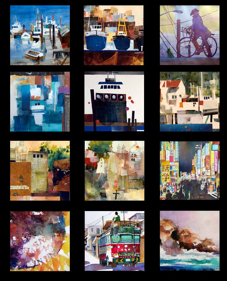 Thumbnails of Susan K. Miller watercolors and watermedia collages. Click images for larger views.