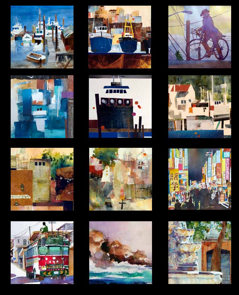 Thumbnails of Susan K. Miller watercolors and watermedia collages. Click images for larger views.